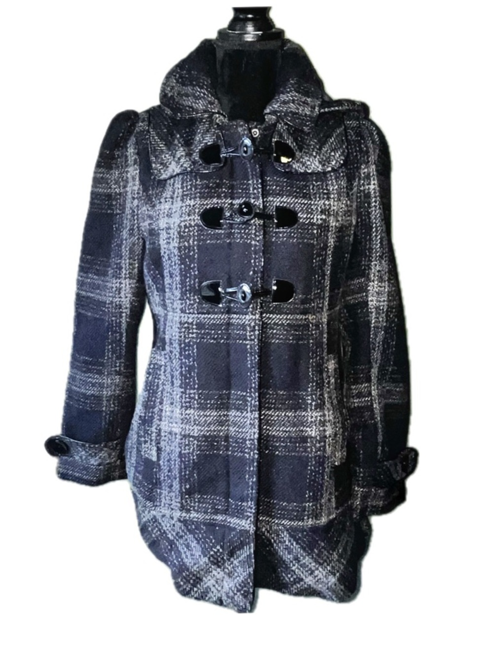 APT. 9 Black Plaid Hooded Winter Jacket Coat Size Medium Lined Toggle & Zipper